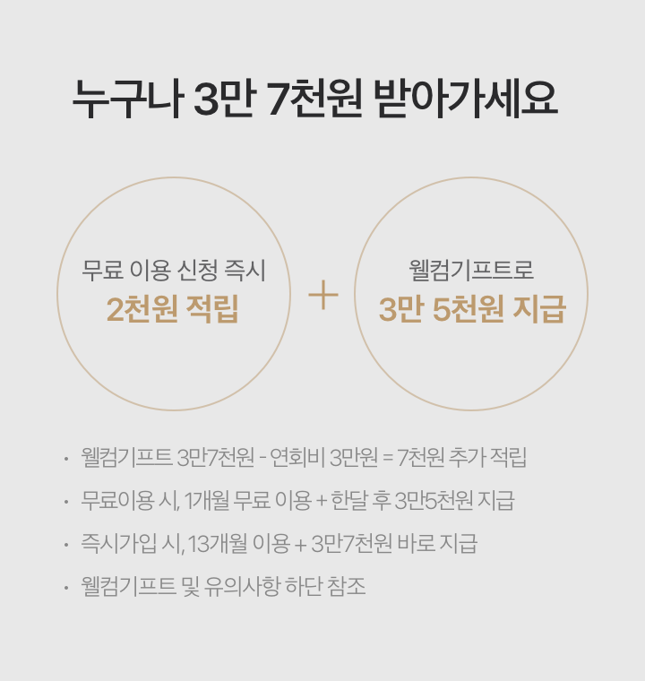 누구나 3만 7천원 받아가세요 - 무료 이용 신청 즉시 2천원 적립 + 웰컴기프트로 3만 5천원 추가지급/웰컴기프트 3만7천원 – 연회비 3만원 = 7천원 추가 적립/무료이용 시, 1개월 무료 이용 + 한달 후 3만5천원 지급/즉시가입 시, 13개월 이용 + 3만7천원 바로 지급/웰컴기프트 및 유의사항 하단 참조