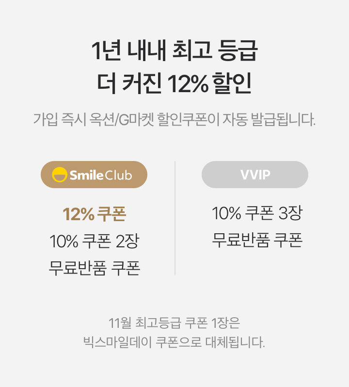 1년 내내 최고 등급 더 커진 12% 할인. 가입 즉시 옥션/G마켓 할인쿠폰이 자동 발급됩니다. - SmileClub - 12% 쿠폰/10%쿠폰 2장/무료반품 쿠폰, - VVIP - 10% 쿠폰 3장/무료반품 쿠폰. 11월 최고등급 쿠폰 1장은 빅스마일데이 쿠폰으로 대체됩니다.